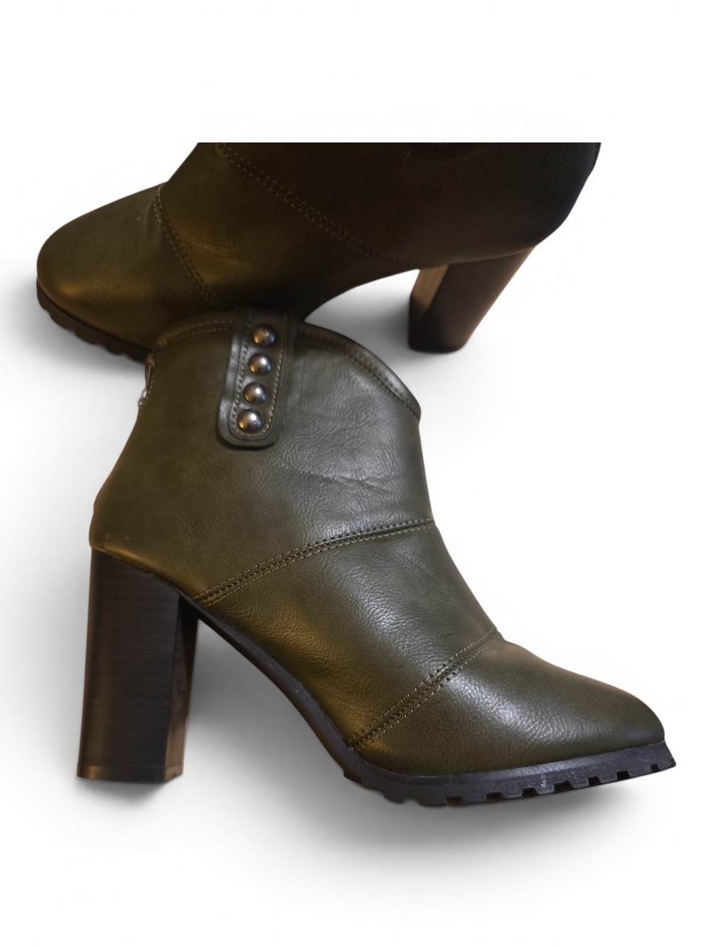 Seven7 Olive Green High Heel Ankle Bootie with Stud Detail
